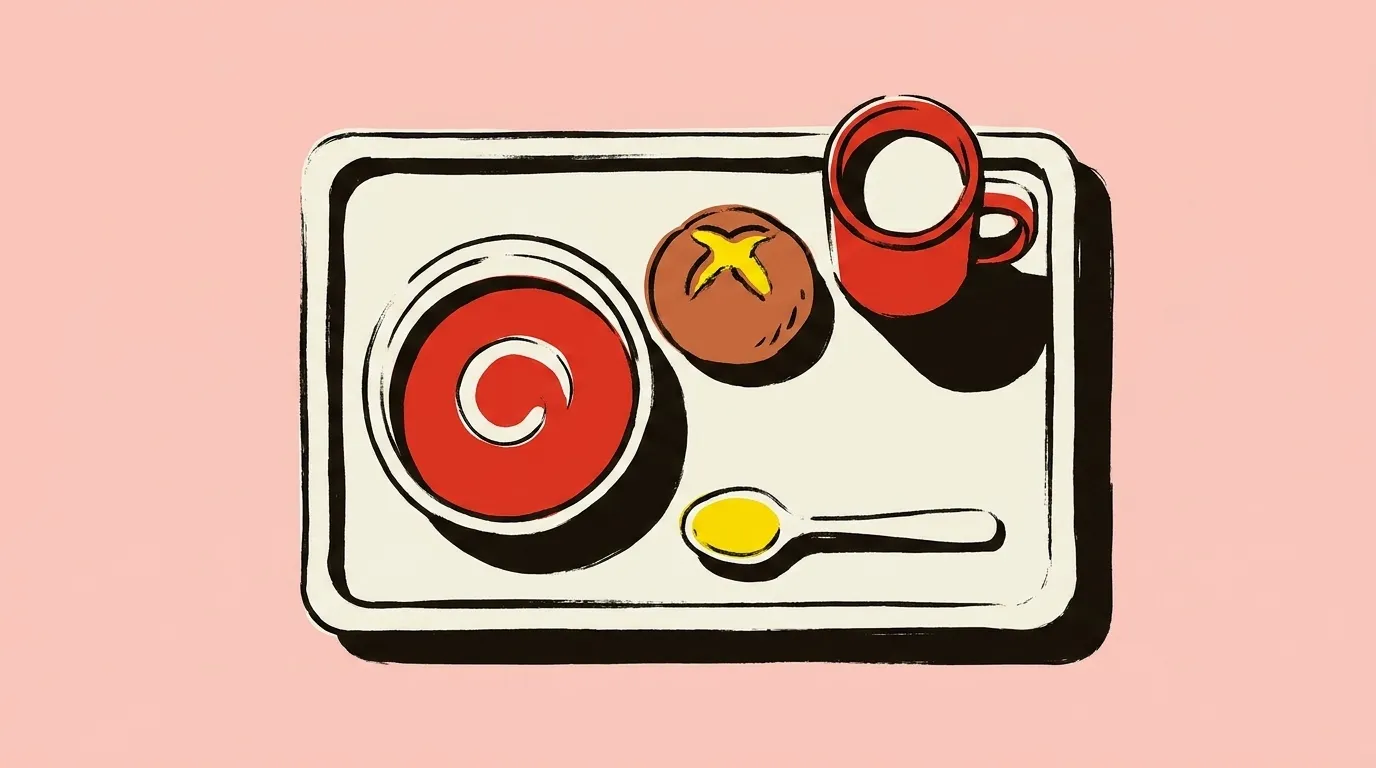 A tray with a bowl of soup, a roll, a mug and a spoon