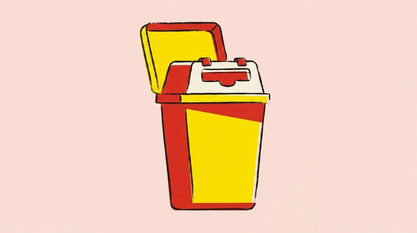 A yellow sharps container with its lid open