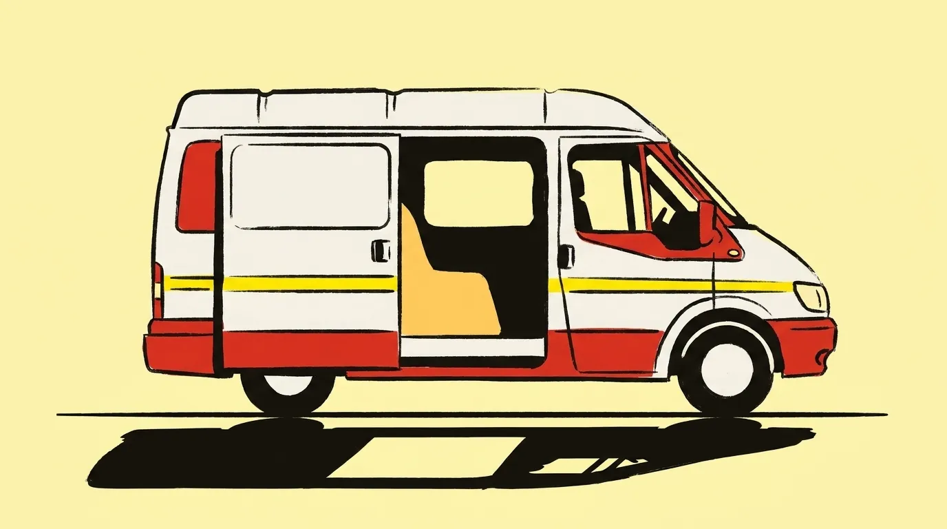 A van in side profile with its side door open and the interior lit