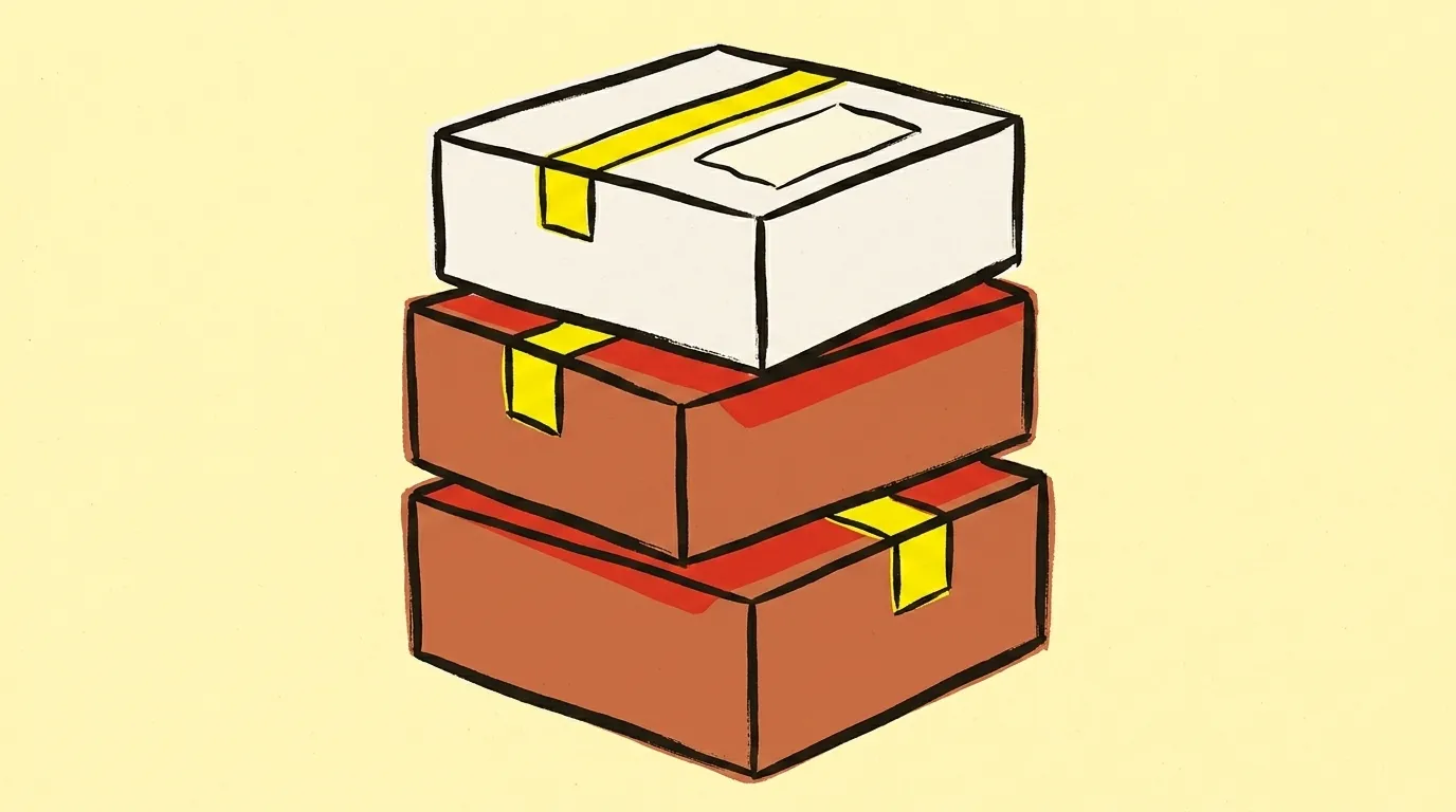 A stack of sealed cardboard boxes with a shipping label