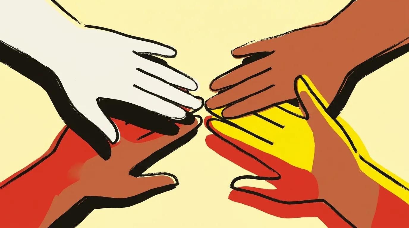 Four hands reaching in from four sides, fingertips almost touching