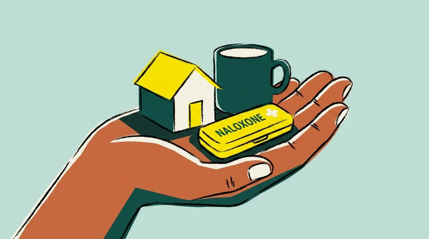 An open hand holding a small house, a mug and a naloxone case together