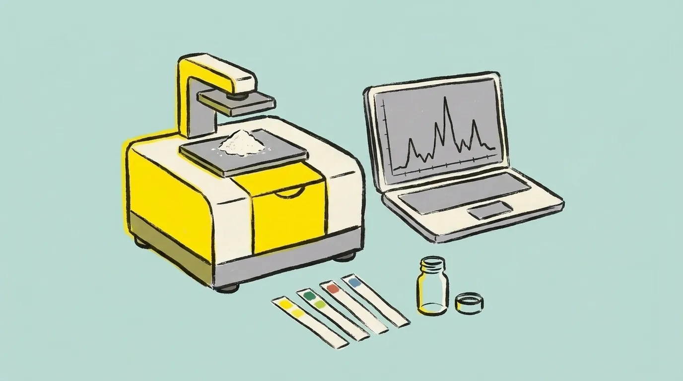 An FTIR spectrometer beside a laptop showing a spectrum, with test strips and a vial