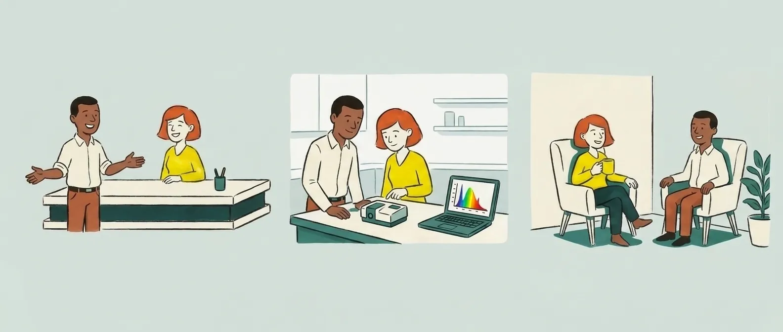 Three panels: a staff member greeting someone at the front desk, the two of them checking a sample on a spectrometer, then sitting together talking over a mug