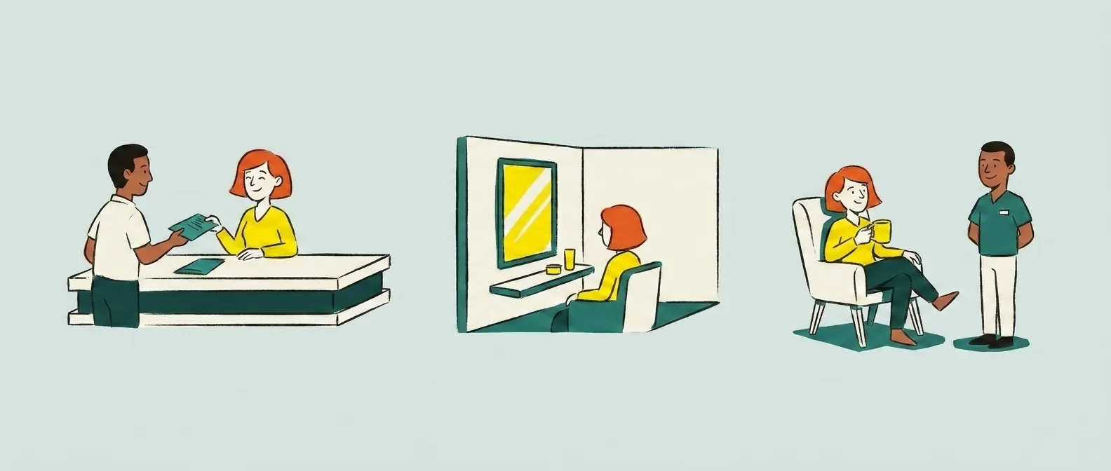 Three panels: a person checking in at a front desk, using at a private booth, then sitting with a mug and a staff member nearby