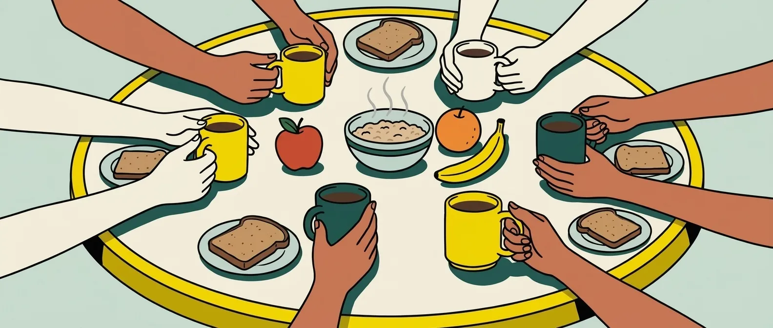 A round table from above with hands holding mugs, plates of toast and a bowl of porridge