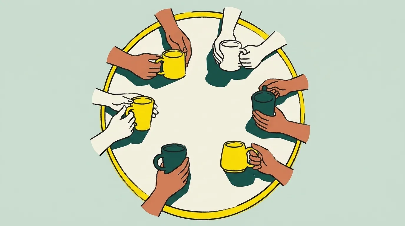 A round table from above with six mugs and six pairs of hands