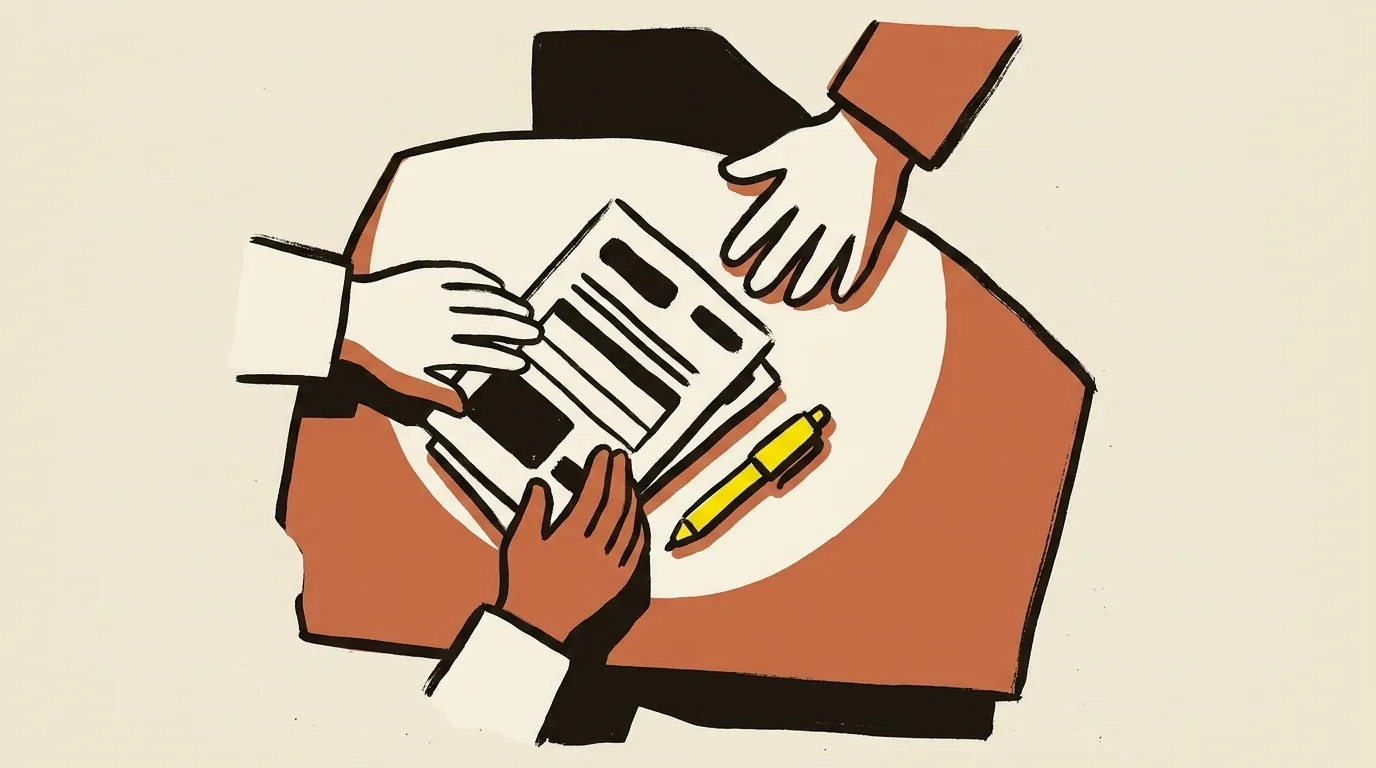 A table from above with a stack of forms, a pen, and two pairs of hands working on it