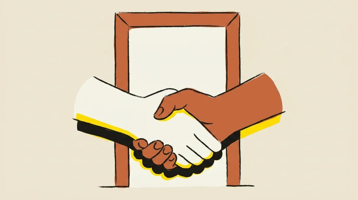 Two hands shaking, with a plain doorway shape behind them
