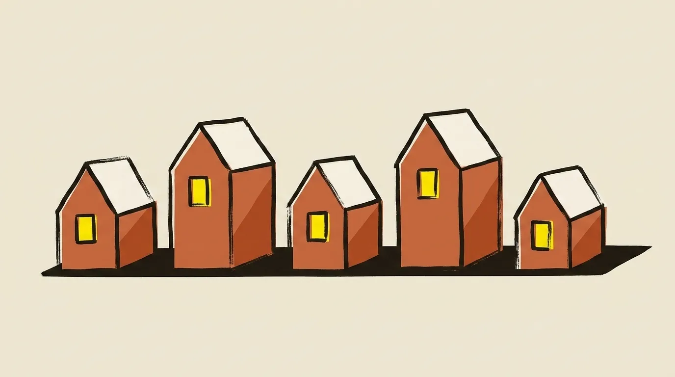Five small gabled houses in a row, each with one lit window
