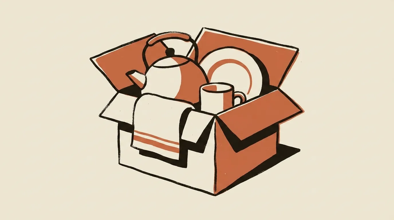 An open box with a kettle, a folded towel, a plate and a mug arranged inside