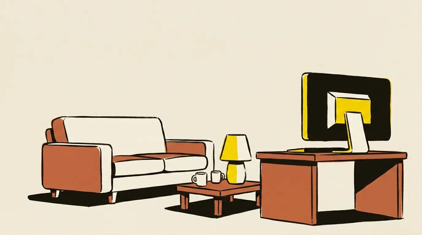 An interior corner drawn flat: a couch, a small table with mugs, a lamp and a computer desk