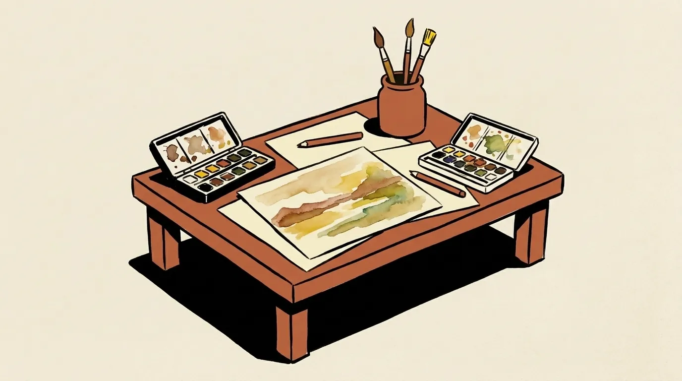 A low table set up for painting: watercolour pans, brushes in a jar, pencils and a half-finished painting