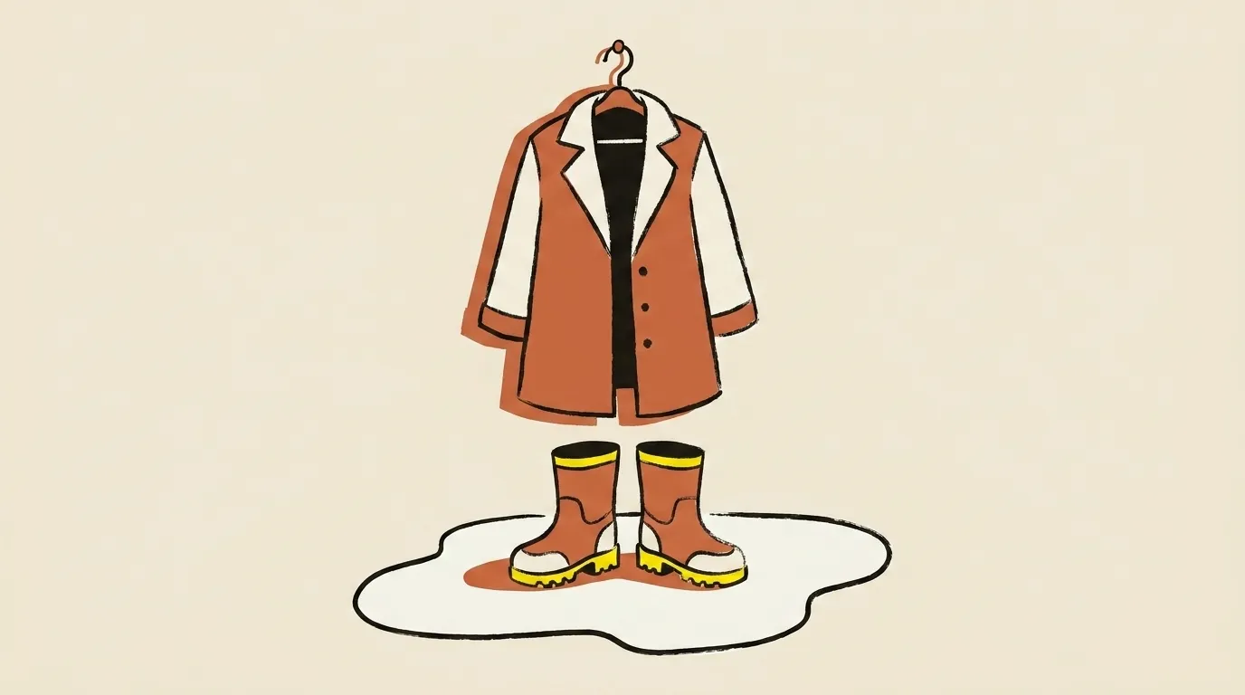 A pair of boots and a coat on a hook, with a puddle under the boots