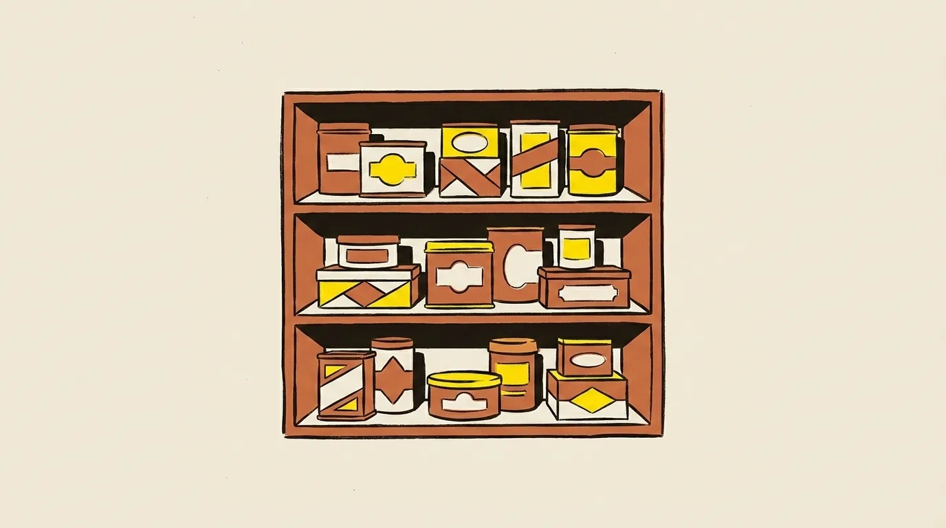 A shelf unit holding tins and boxes
