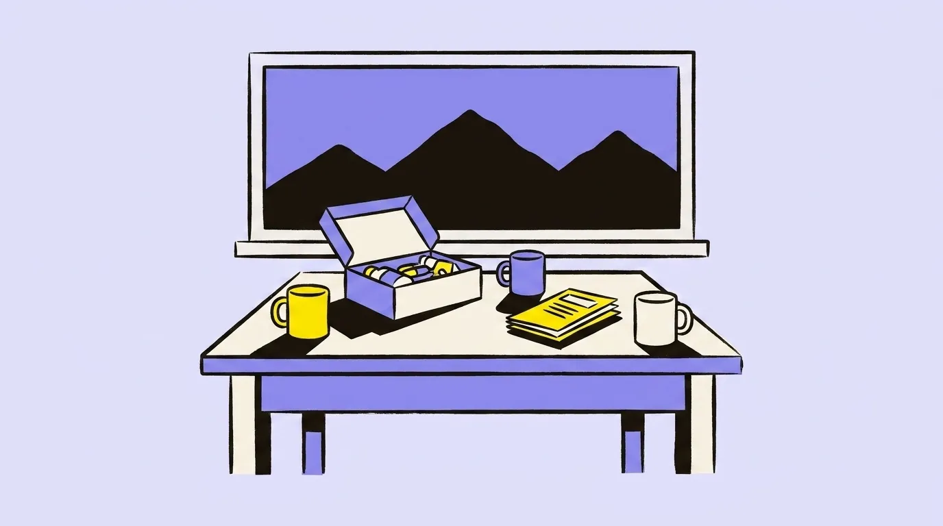A kitchen table with mugs, an open kit and pamphlets, mountains through the window