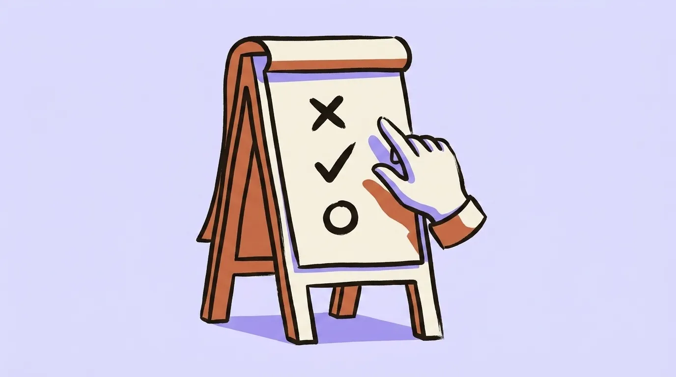 A flip chart on a stand with a hand raised beside it
