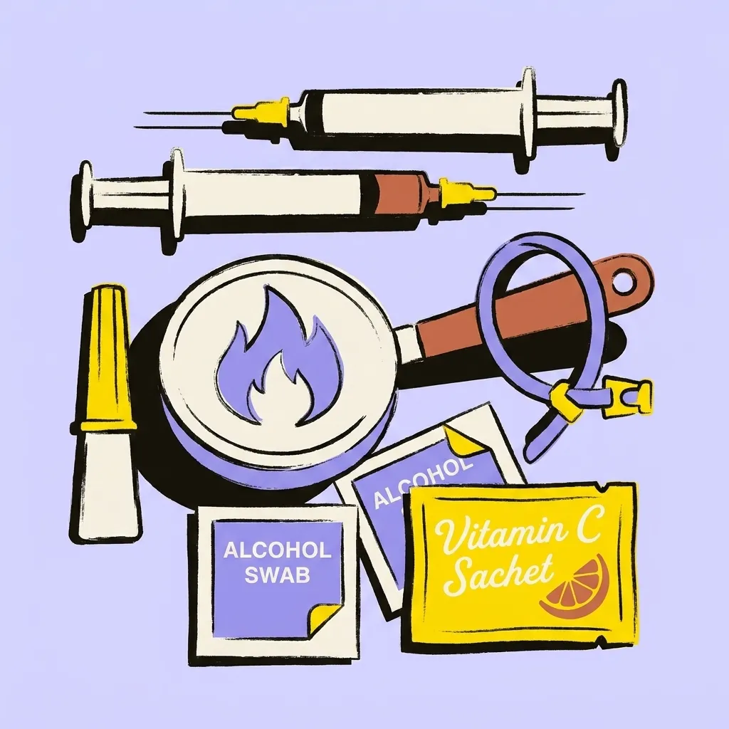 A flat-lay of safer injection supplies