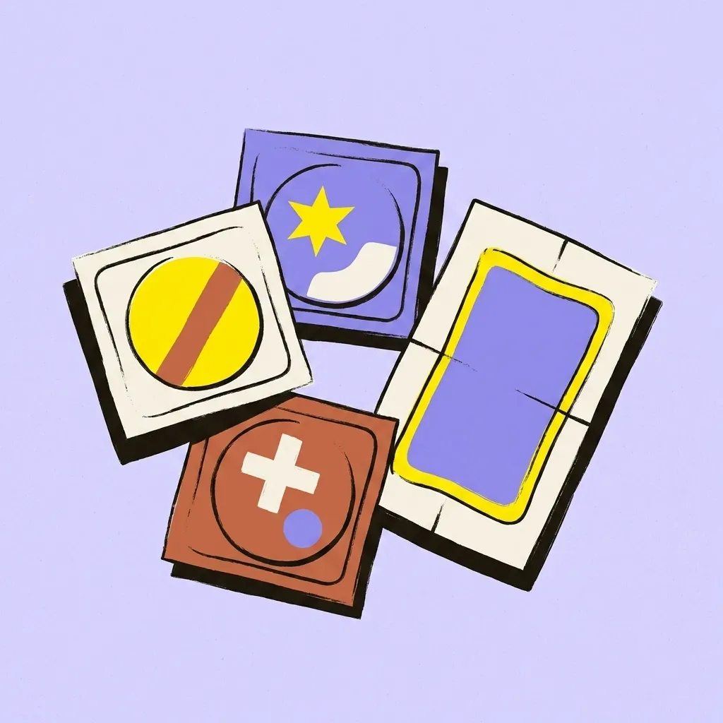 Condom packets and a dental dam laid flat