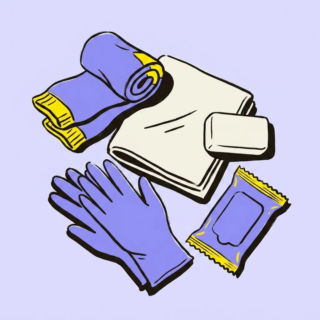 A flat-lay of hygiene items: socks, soap, a cloth, gloves and wipes