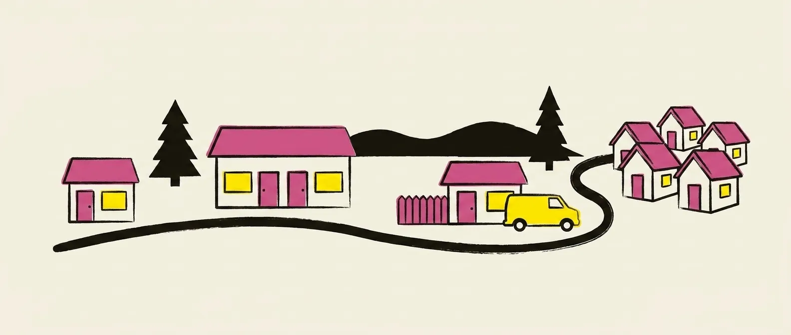 A long line running across the frame with a storefront, a larger building, a building with a van, and a cluster of tiny homes along it