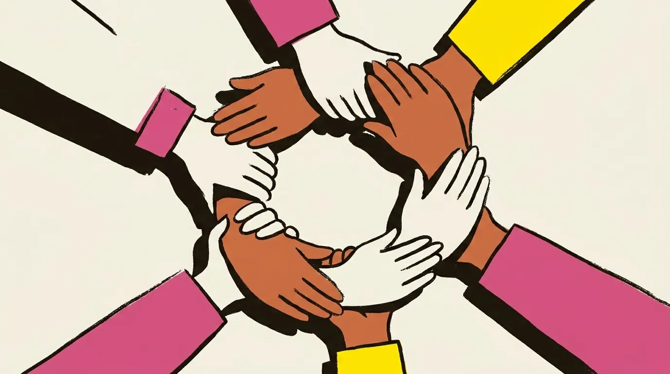 A flat ring of hands overlapping at the wrist, seen from above