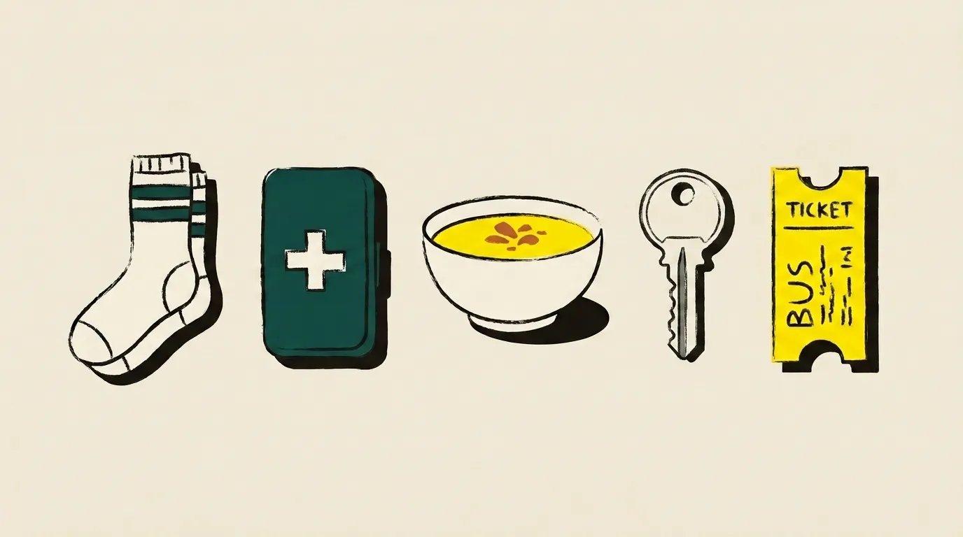 A row of objects: socks, a naloxone case, a bowl of soup, a key, a bus ticket