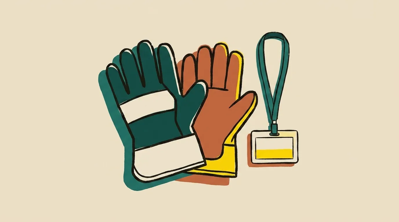 A pair of work gloves and a name tag on a lanyard