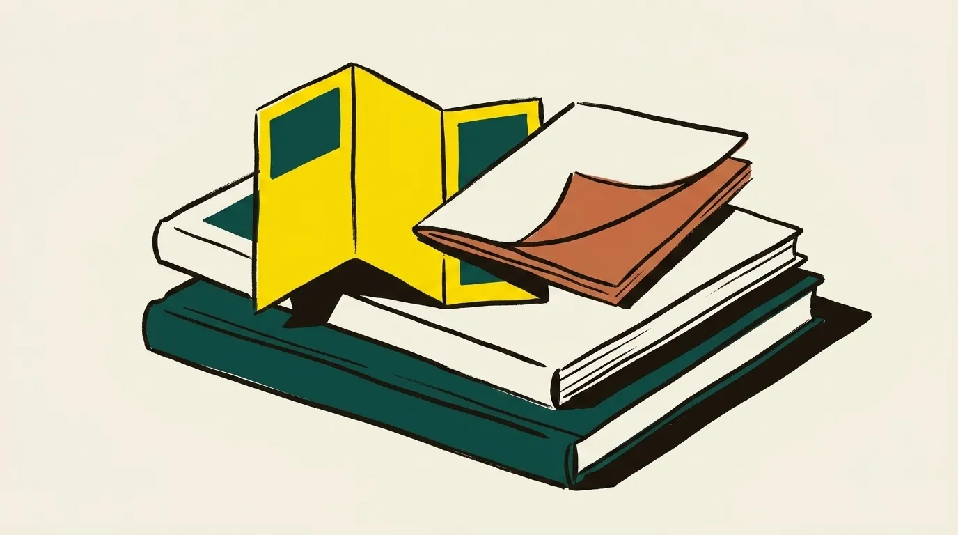A loose stack of printed material: two bound reports, a folded pamphlet and a booklet