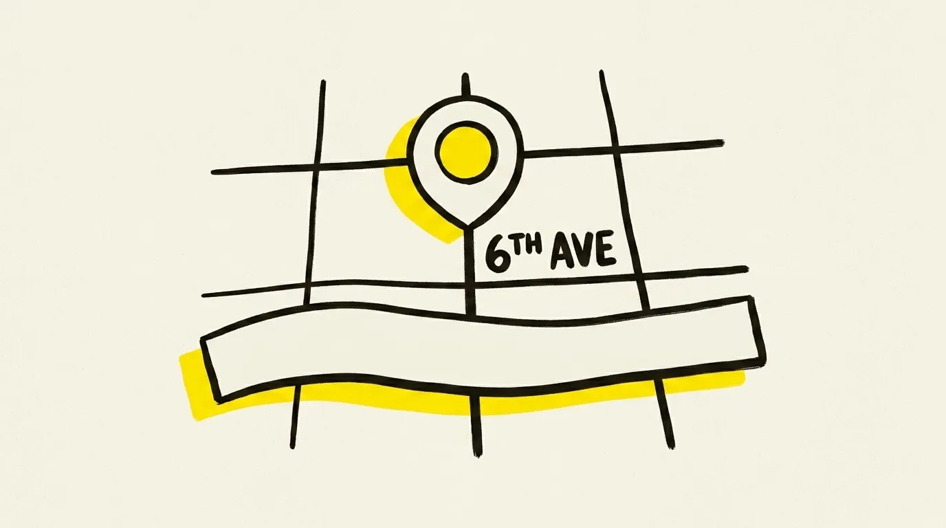 A simplified map of central Whitehorse with the river, three streets, and one marker on 6th Avenue