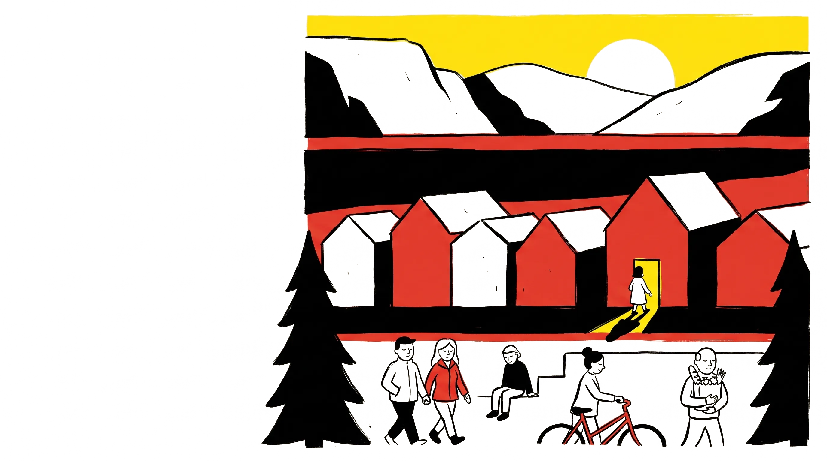 A flat illustration of Whitehorse under a low sun, with people going about an ordinary day and one lit doorway