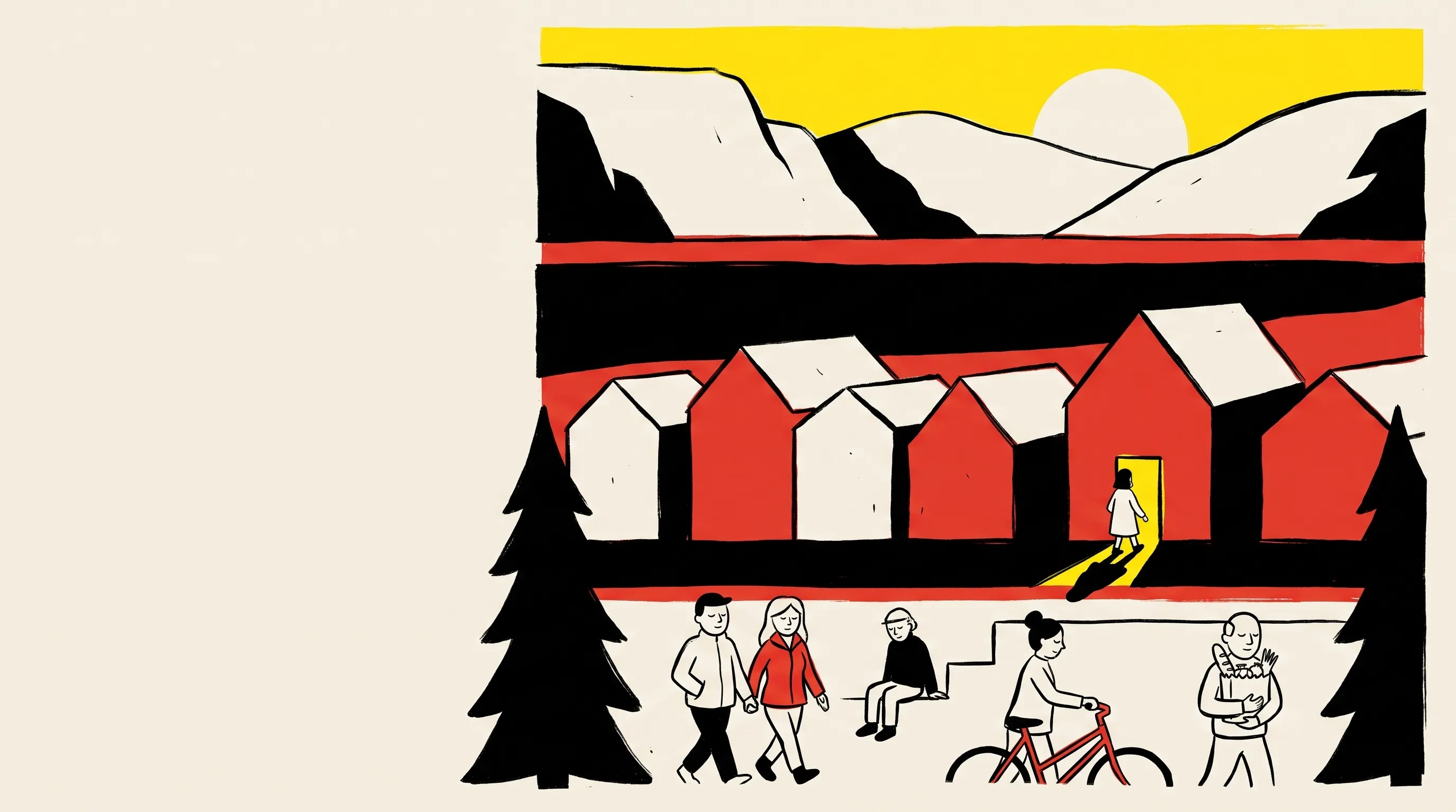 A flat illustration of Whitehorse under a low sun, with people going about an ordinary day and one lit doorway