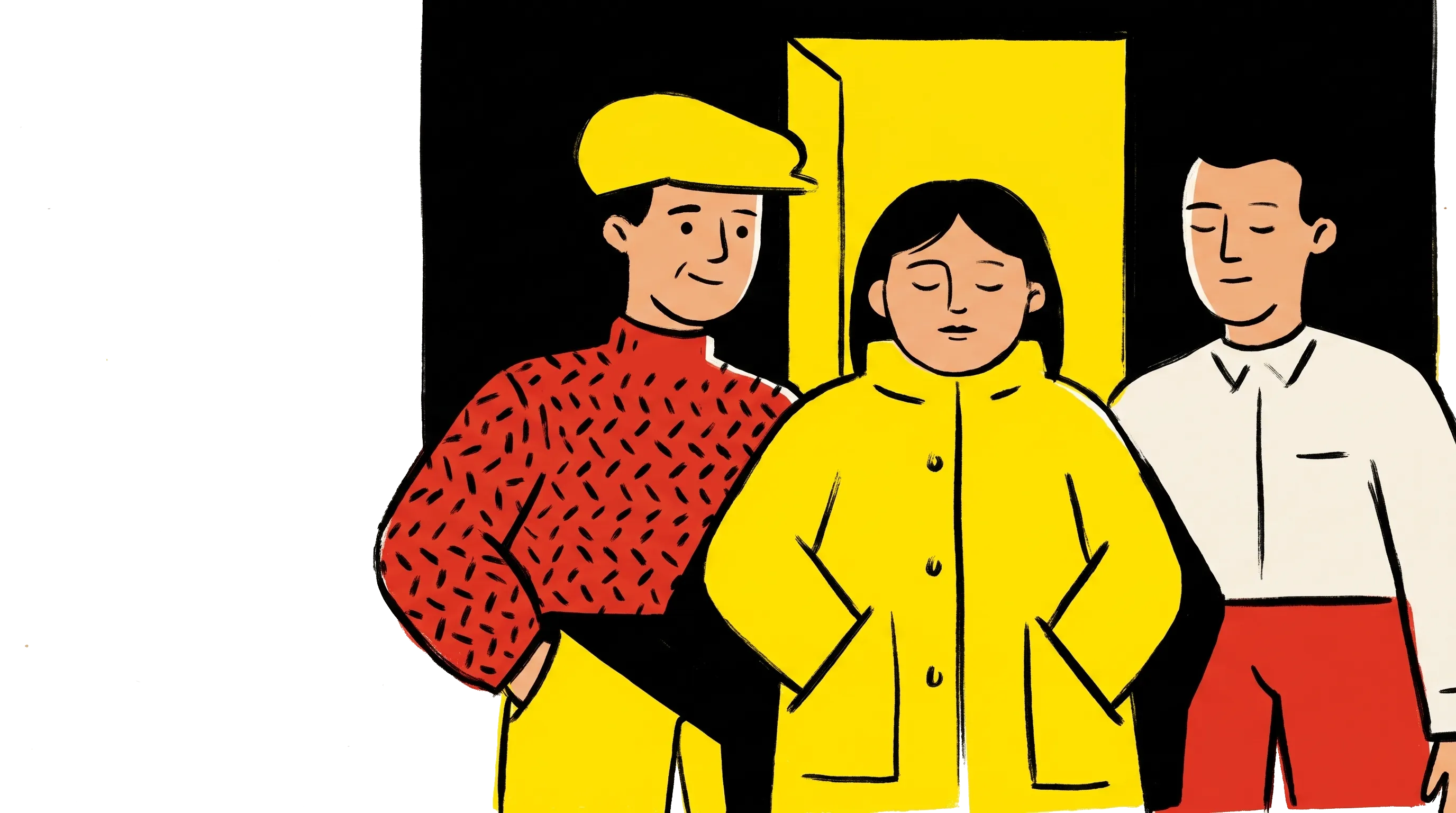 A person at a door being welcomed inside, drawn warmly in flat shapes