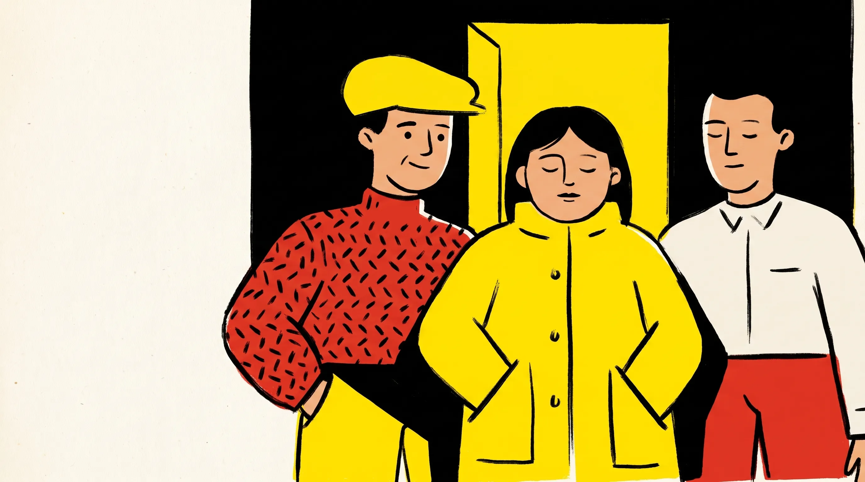 A person at a door being welcomed inside, drawn warmly in flat shapes