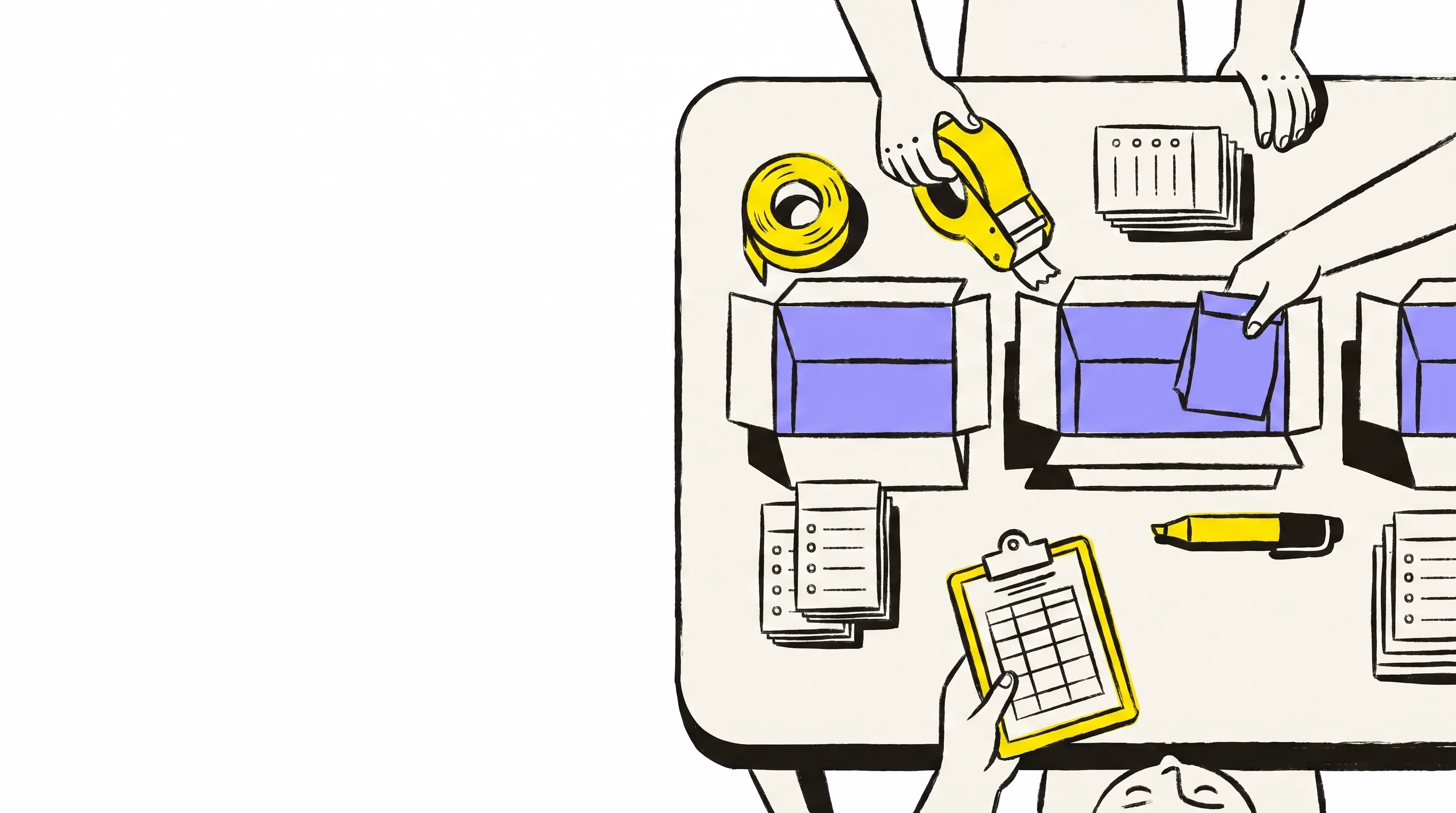People carrying boxes and trays together, drawn in flat shapes